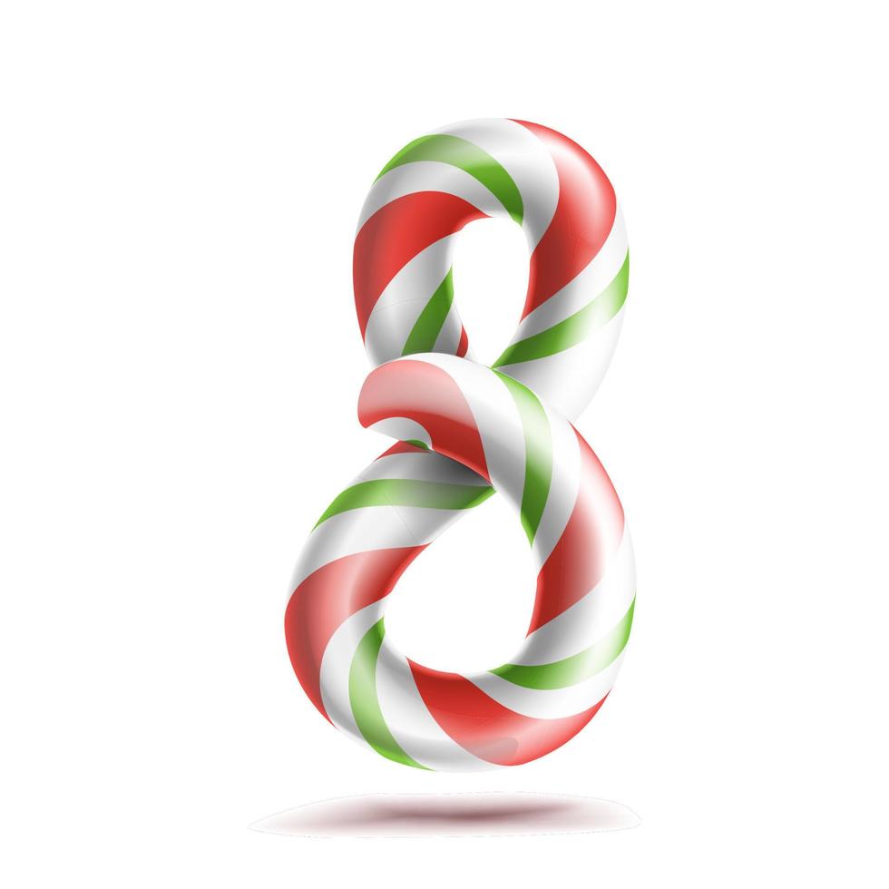 8, vector número ocho. signo de número 3d. figura 8 en colores navideños. rayas rojas, blancas, verdes. Bastón de caramelo duro de menta de Navidad clásico. diseño de año nuevo. aislado en blanco ilustración