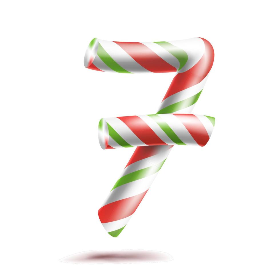 7, vector número siete. signo de número 3d. figura 7 en colores navideños. rayas rojas, blancas, verdes. Bastón de caramelo duro de menta de Navidad clásico. diseño de año nuevo. aislado en blanco ilustración