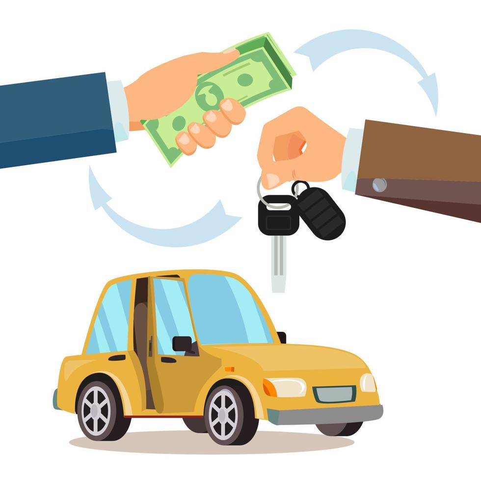 Buying A Car Vector. Dealer, Buyer Hand. Car Showroom. Flat Illustration vector