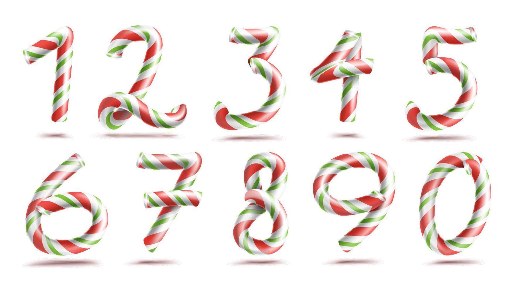 Numbers Sign Set Vector. 3D Numerals. Figures 1, 2, 3, 4, 5, 6, 7, 8, 9, 0. Christmas Colours. Red, Green Striped. Classic Xmas Mint Hard Candy Cane. New Year Design. Isolated On White Illustration vector