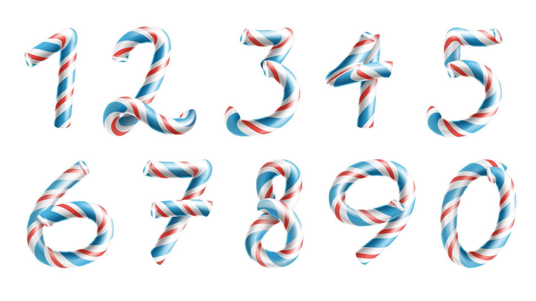 Numbers Sign Set Vector. 3D Numerals. Figures 1, 2, 3, 4, 5, 6, 7, 8, 9, 0. Christmas Colours. Red, Blue Striped. Classic Xmas Mint Hard Candy Cane. New Year Design. Isolated On White Illustration vector