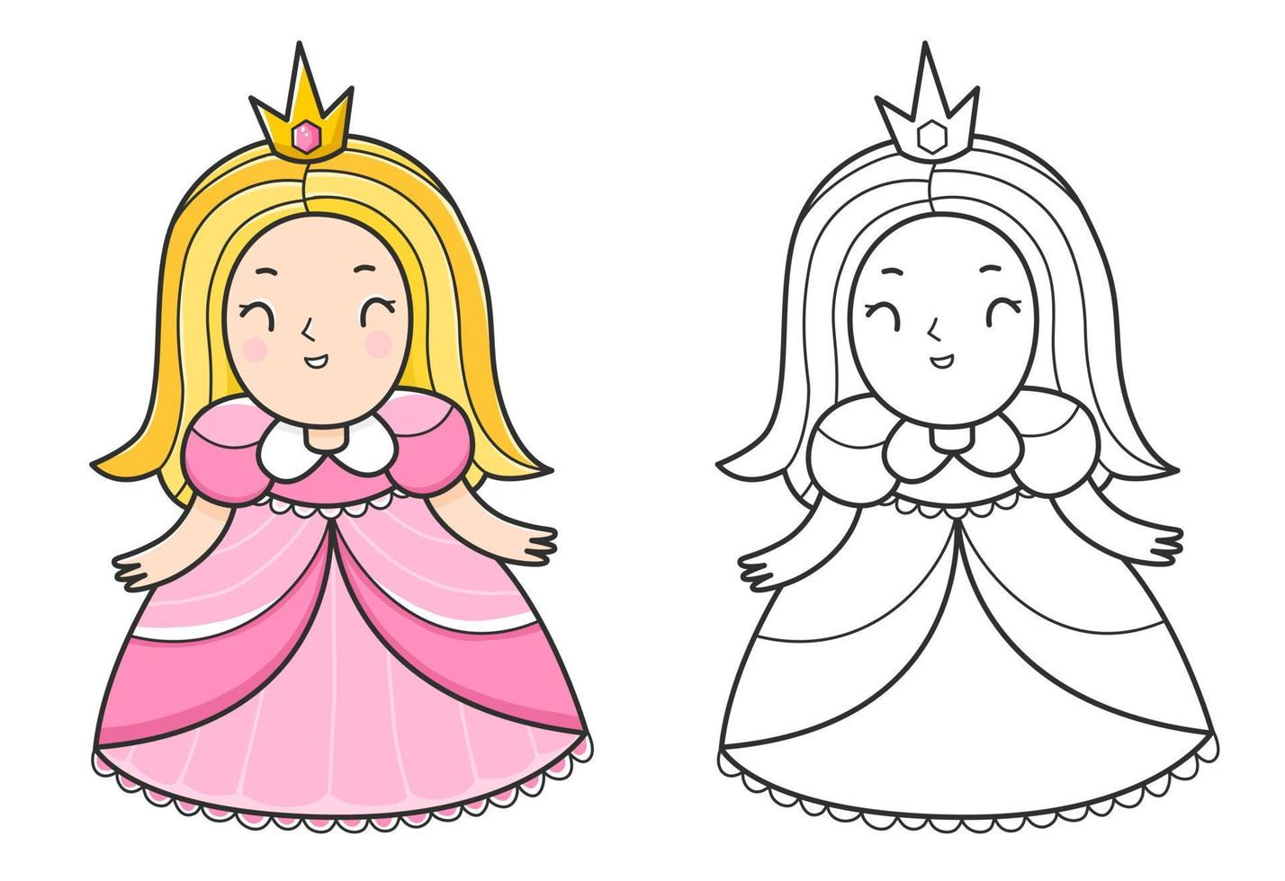 Princess coloring book with an example of coloring for children. Coloring page with a girl in a dress and with a crown. Monochrome and colour version. Vector children's illustration.