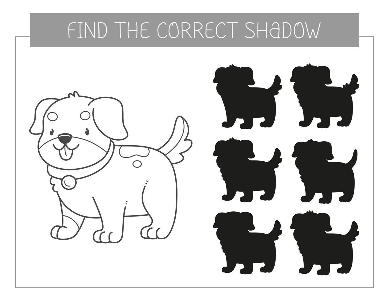 Find the correct shadow coloring book with a dog. Coloring page educational game for kids. Cute cartoon puppy. Shadow matching game. Vector illustration.