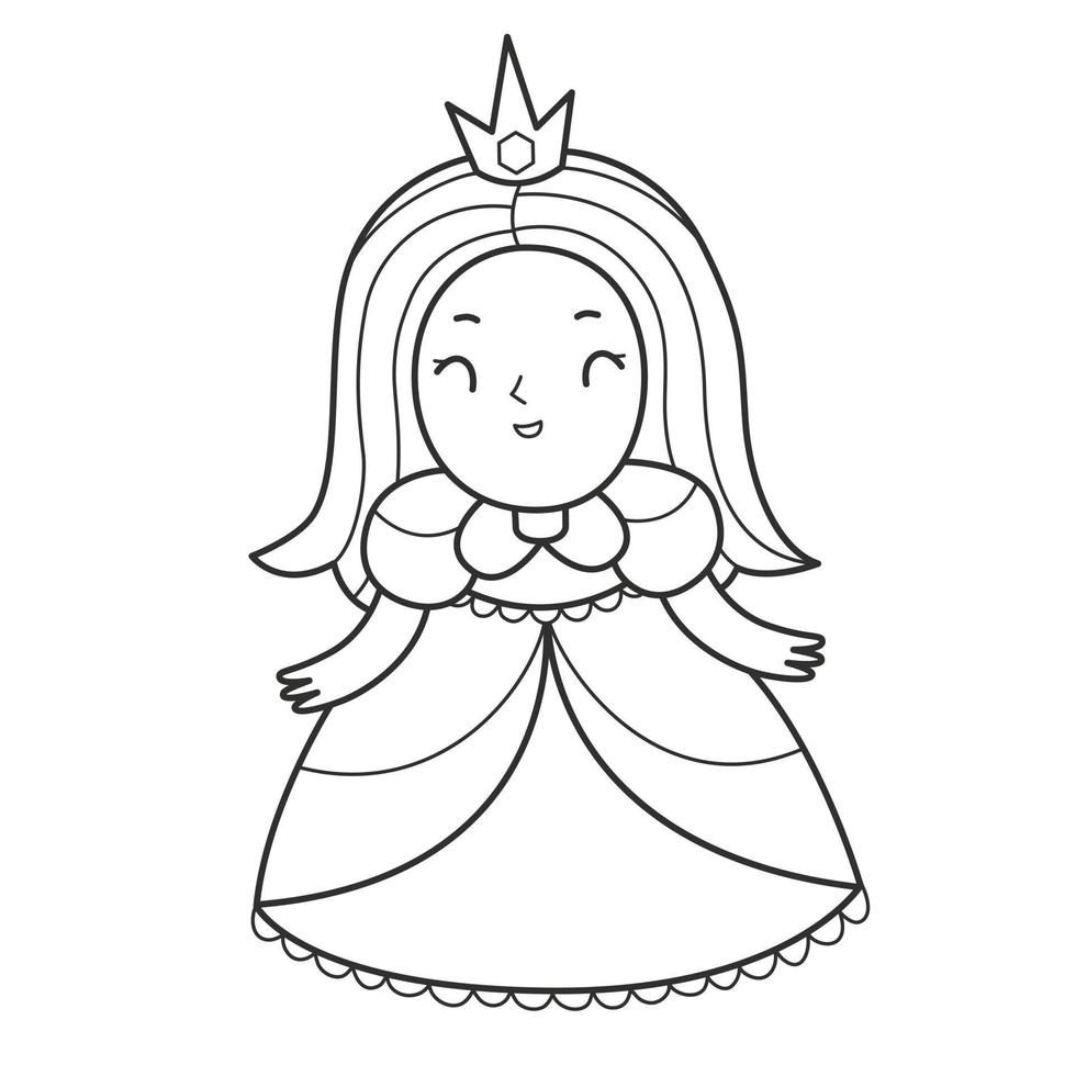 Libro de colorear princesa para niños. página para colorear con una niña princesa en un vestido y con una corona. ilustración monocromática en blanco y negro. ilustración infantil vectorial. vector