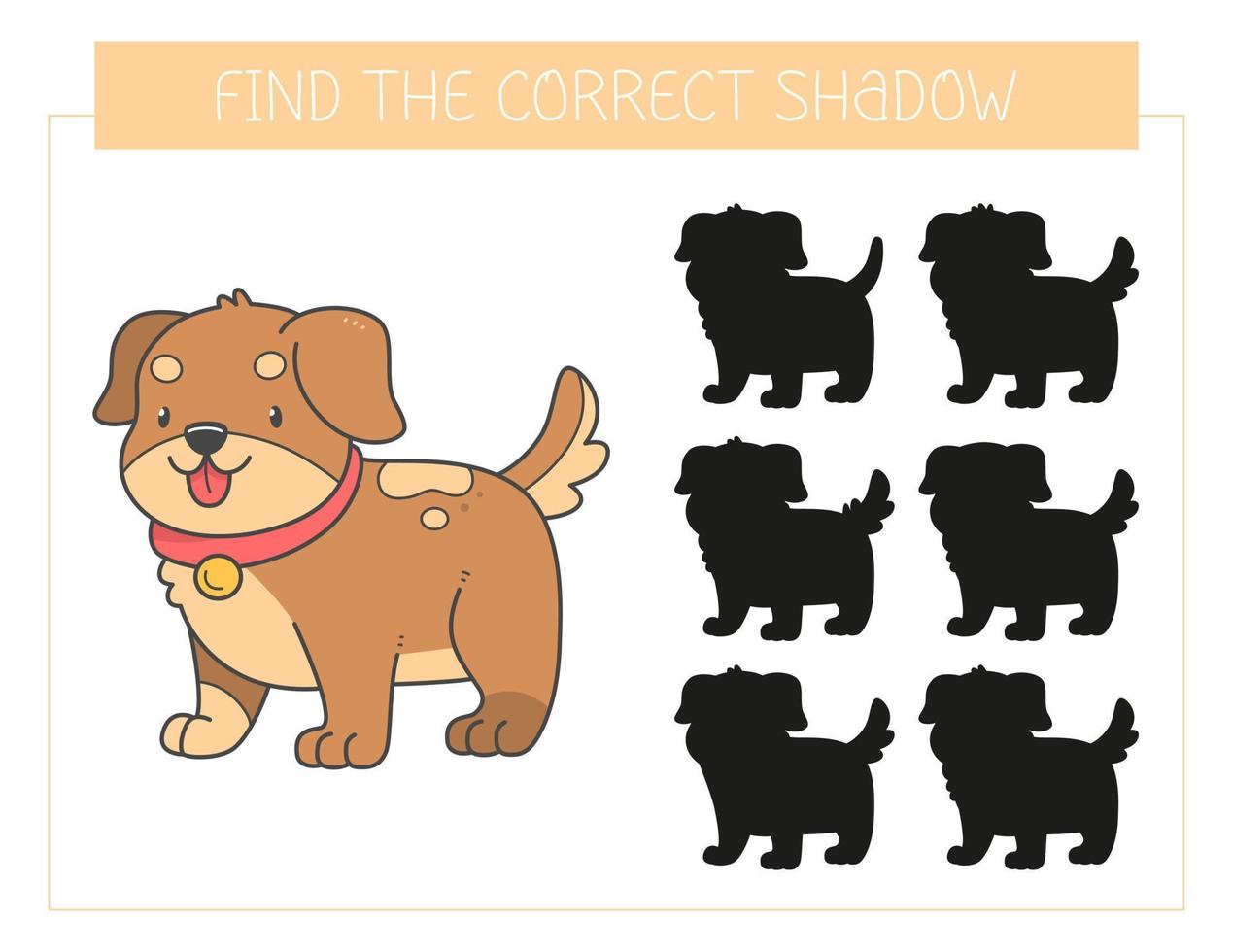 Find the correct shadow game with a dog. Educational game for children. Cute cartoon puppy. Shadow matching game. Vector illustration.