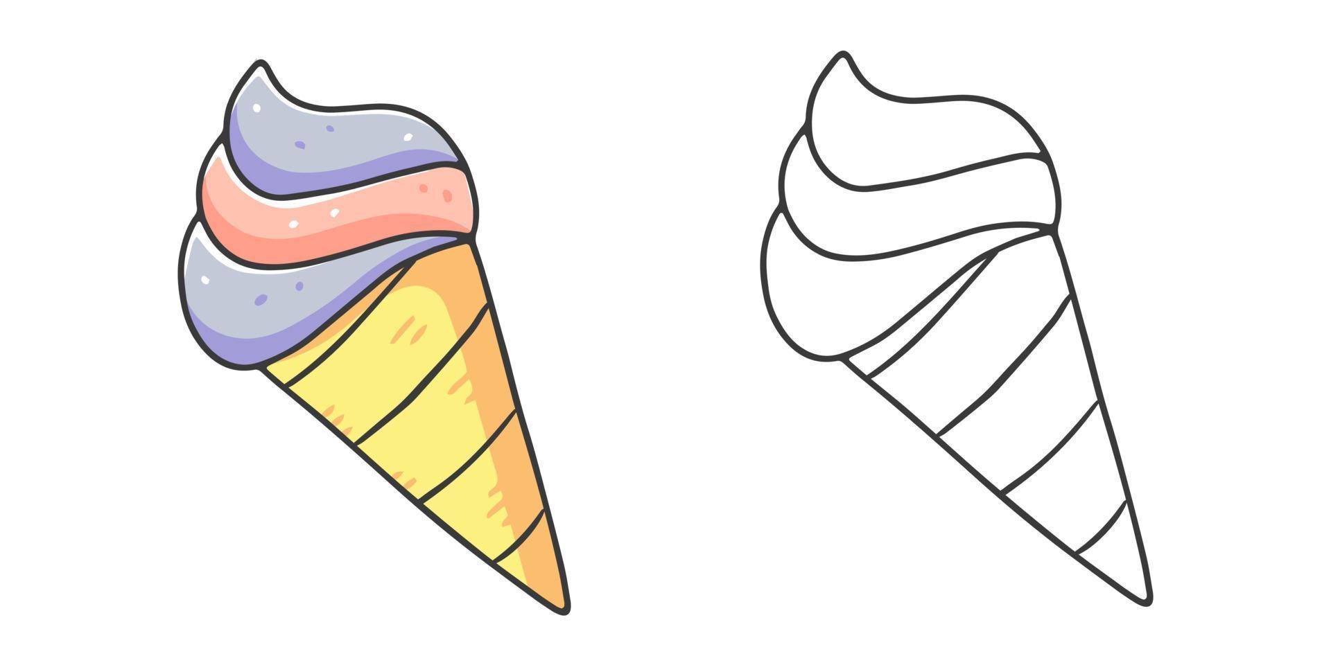 Ice cream in a cone coloring book with an example of coloring for children. Coloring page with food. Monochrome and color version. Vector children's illustration.