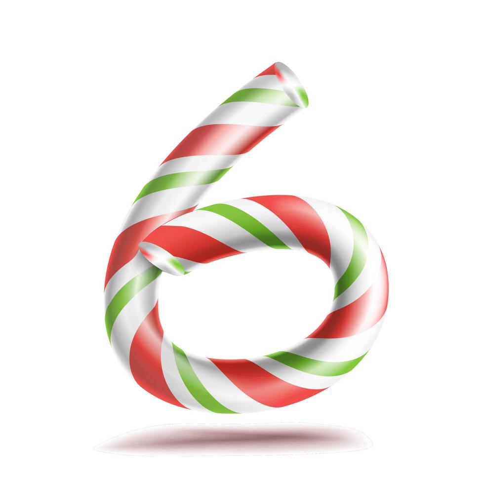 6, Number Six Vector. 3D Number Sign. Figure 6 In Christmas Colours. Red, White, Green Striped. Classic Xmas Mint Hard Candy Cane. New Year Design. Isolated On White Illustration vector