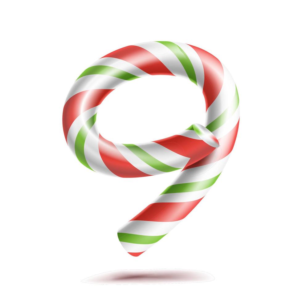 9, vector número nueve. signo de número 3d. figura 9 en colores navideños. rayas rojas, blancas, verdes. Bastón de caramelo duro de menta de Navidad clásico. diseño de año nuevo. aislado en blanco ilustración