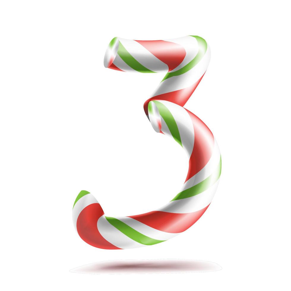 3, vector número tres. signo de número 3d. figura 3 en colores navideños. rayas rojas, blancas, verdes. Bastón de caramelo duro de menta de Navidad clásico. diseño de año nuevo. aislado en blanco ilustración