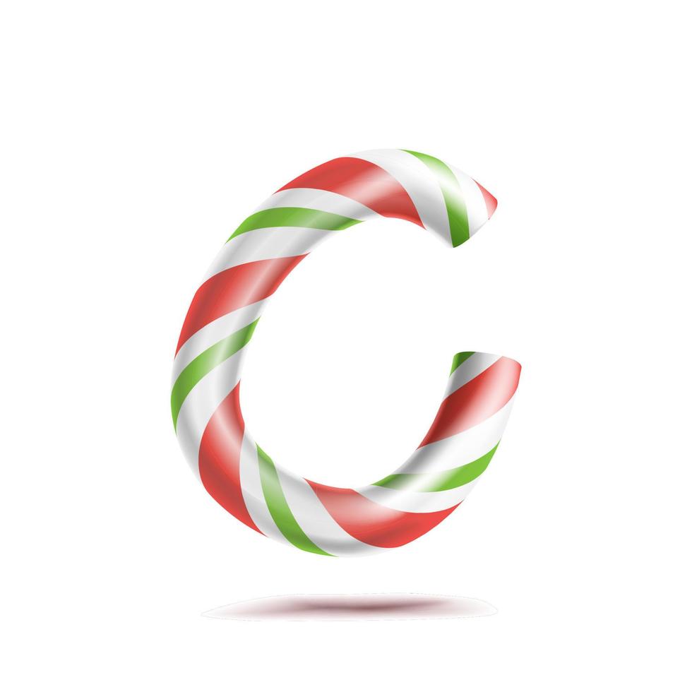 Letter C Vector. 3D Realistic Candy Cane Alphabet Symbol In Christmas Colours. New Year Letter Textured With Red, White. Typography Template. Striped Craft Isolated Object. Xmas Art Illustration vector