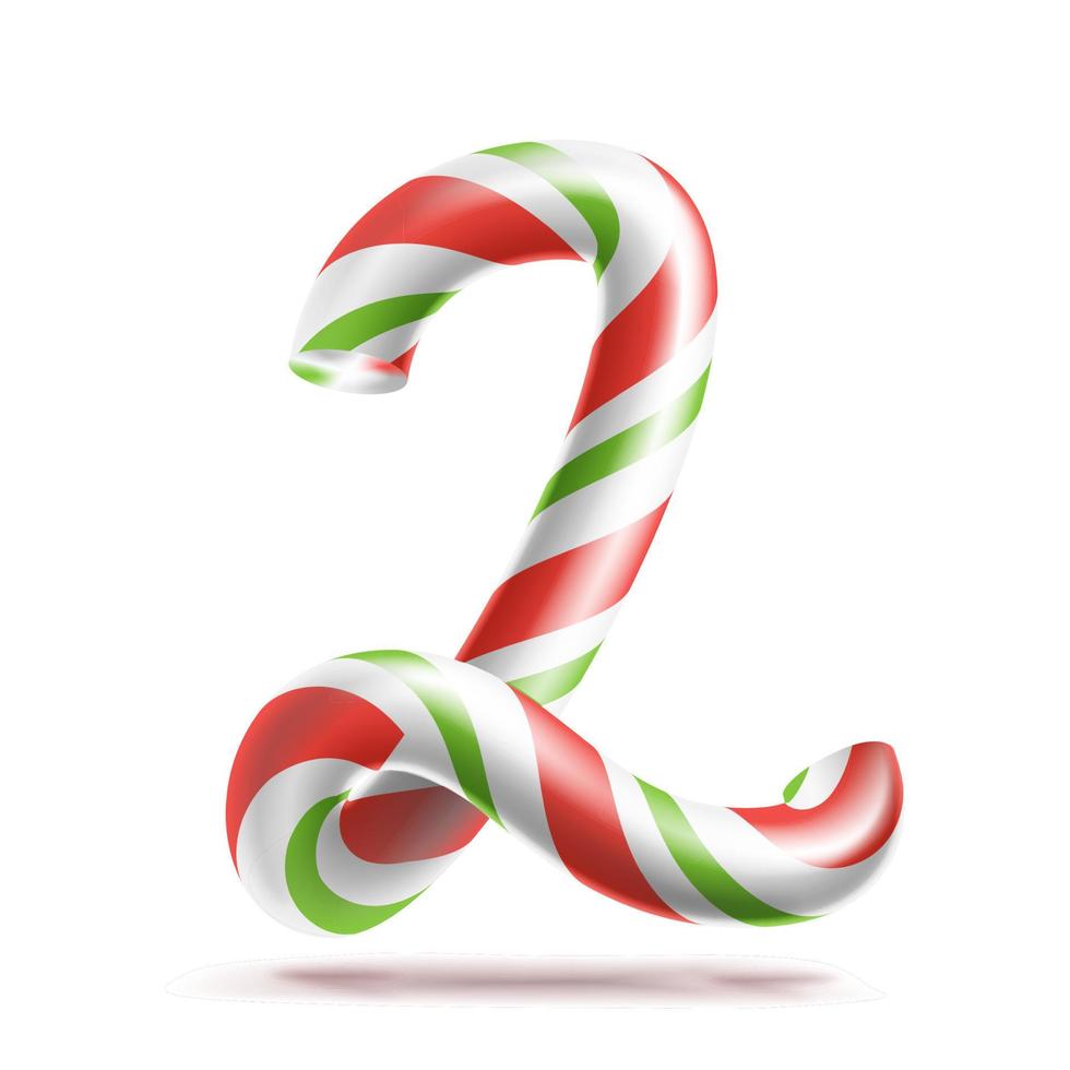 2, Number Two Vector. 3D Number Sign. Figure 2 In Christmas Colours. Red, White, Green Striped. Classic Xmas Mint Hard Candy Cane. New Year Design. Isolated On White Illustration vector