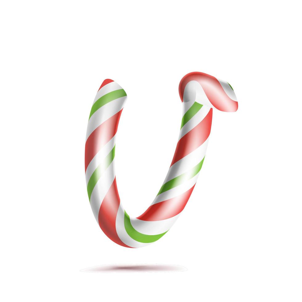 Letter V Vector. 3D Realistic Candy Cane Alphabet Symbol In Christmas Colours. New Year Letter Textured With Red, White. Typography Template. Striped Craft Isolated Object. Xmas Art Illustration vector