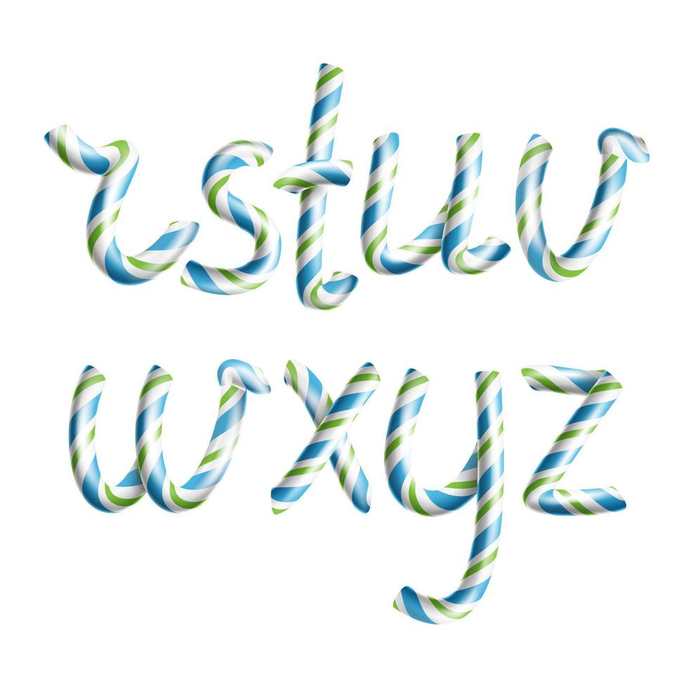 letras r, s, t, u, v, w, x, y, z. vector. Símbolo de alfabeto de bastón de caramelo realista 3d en color de navidad carta de año nuevo con textura verde, azul. objeto aislado de artesanía tipográfica. ilustración de arte de navidad vector