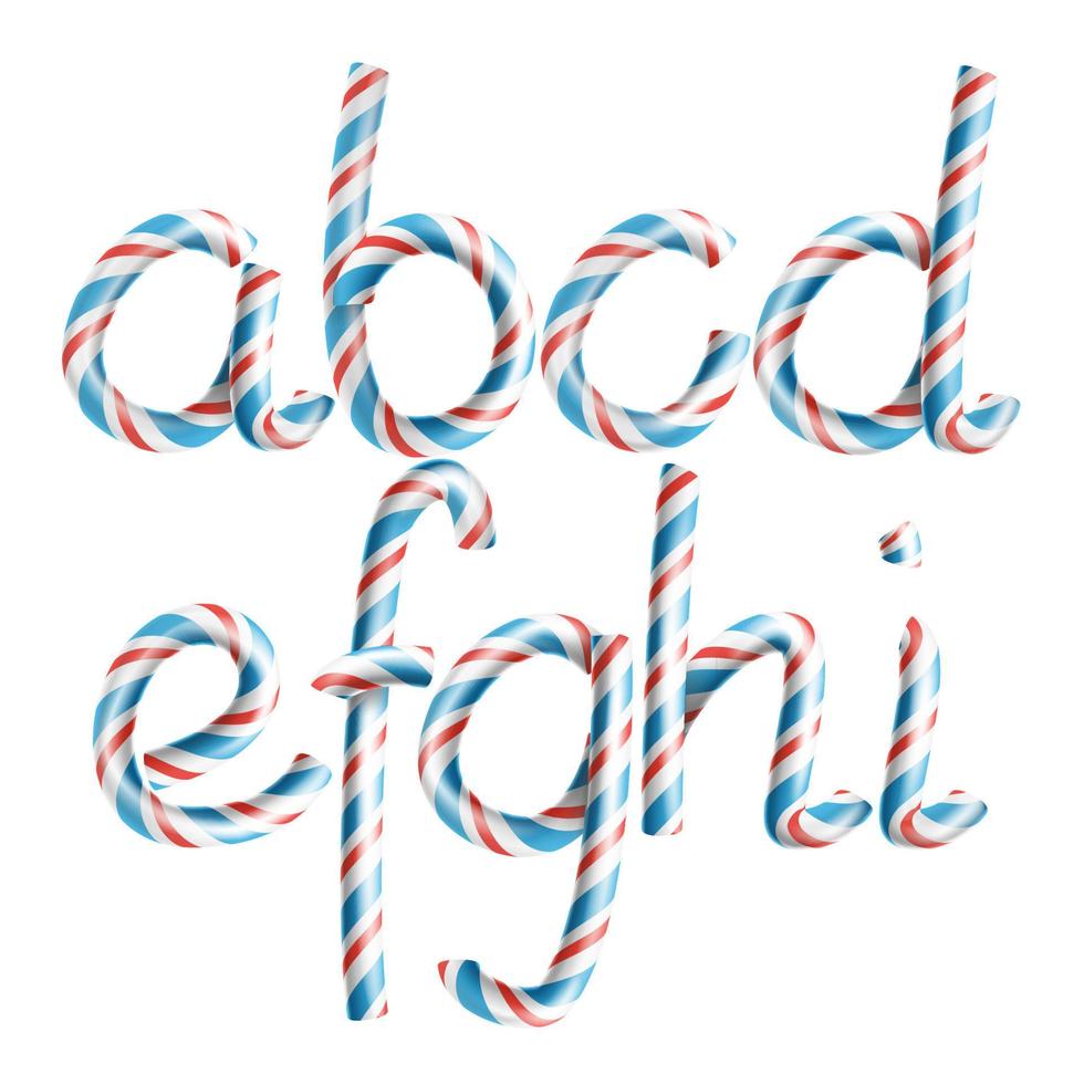 Letters A, B, C, D, E, G, G, H, I. Vector. 3D Realistic Candy Cane Alphabet Symbol In Christmas Colour New Year Letter Textured With Red, Blue. Typography Striped Craft Isolated. Xmas Art Illustration vector