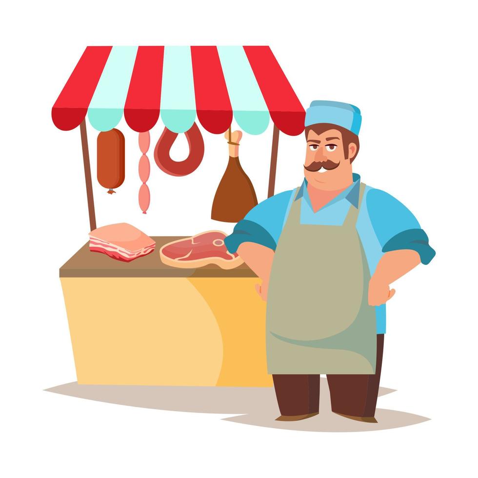 Classic Butcher Vector. Professional Butcher Man With Meat Cleaver. For Meat Market Advertising Concept. Eco Farm Organic Market Meat. Cartoon Isolated Illustration. vector