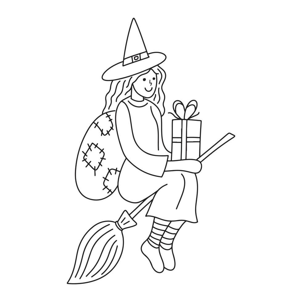 Cute Girl Witch Befana. Traditional Christmas Epiphany female character in Italy flying on broomstick with a gift box, present for children. Hand drawn contour drawing vector illustration