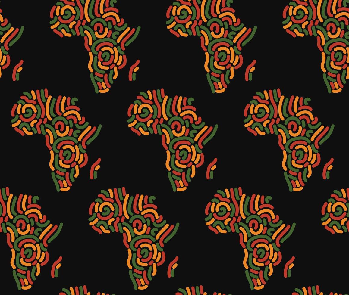 silhouette of African continent map abstract lines ornament in color of Pan African flag - red, yellow, green. Liner stroke smooth round lines ornament shape of Africa. Vector Seamless pattern