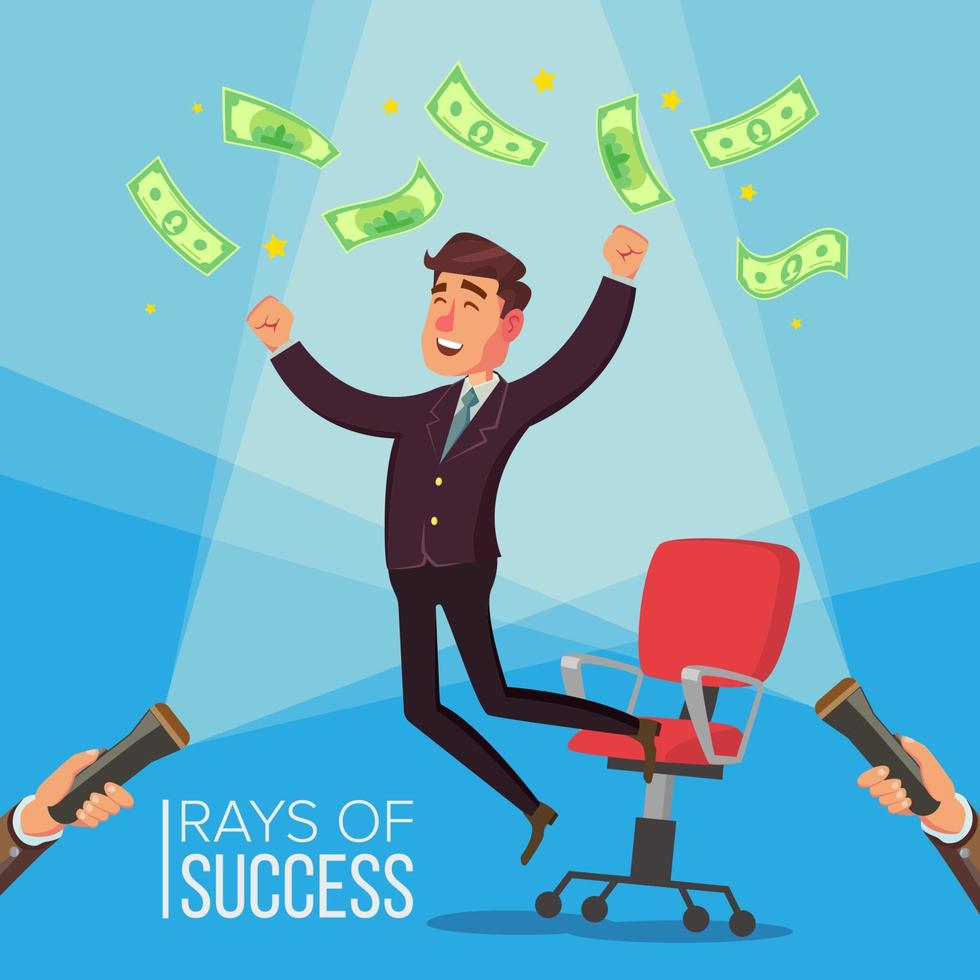 Happy Manager, Businessman Vector. Man Worker Getting A Lot Of Money And Jumping From An Office Chair. Flashlight And Hand. Flat Illustration vector