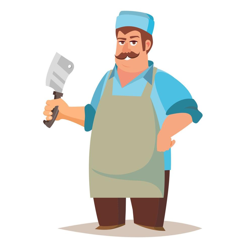 Happy Butcher Vector. Standing Butcher Man With Knife. Natural Meat. For Steak, Meat Market, Storeroom Advertising Concept. Cartoon Isolated Illustration. vector