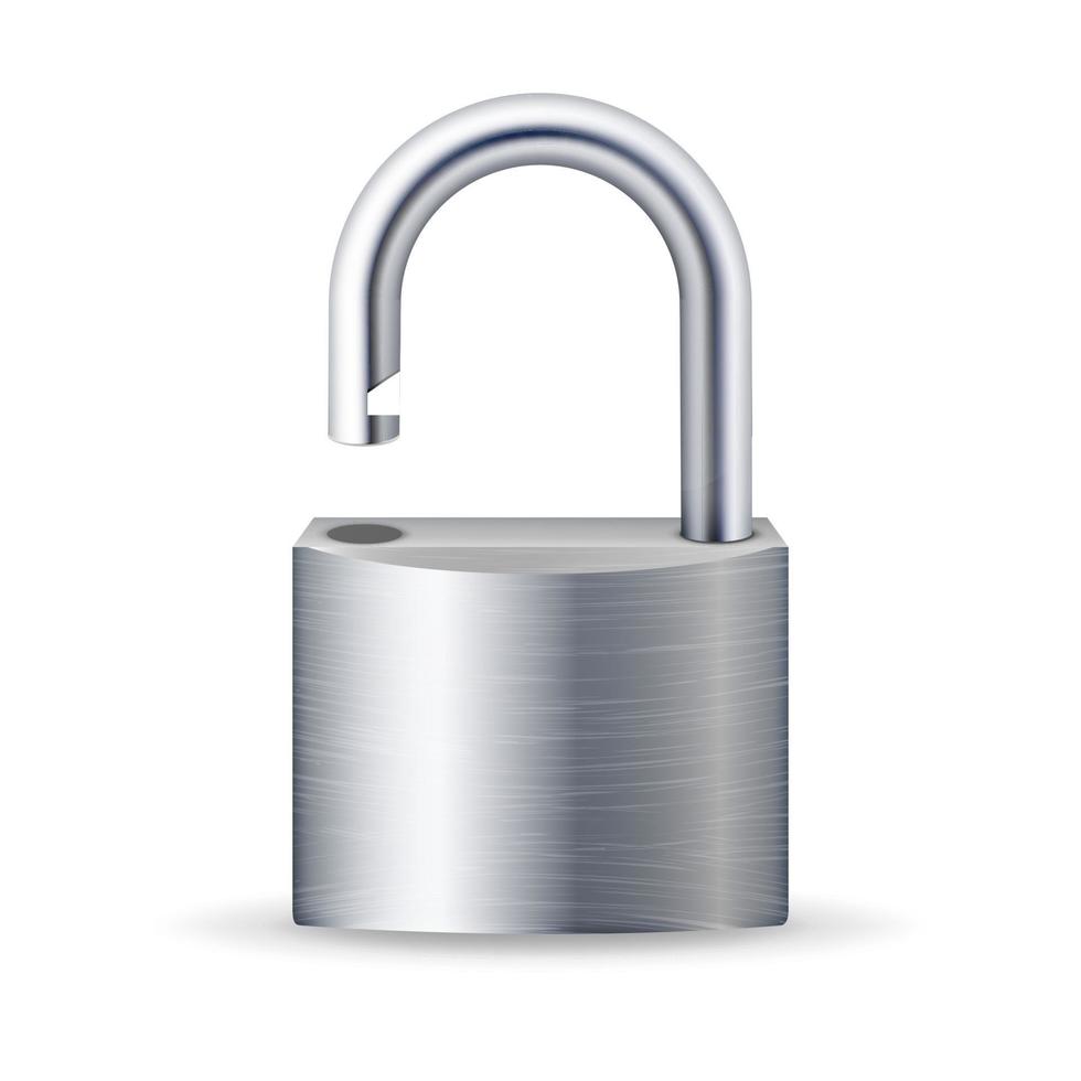 Realistic Unlocked Padlock Vector. Metal Lock For Safety Illustration. Isolated On White With Shadow And Reflection vector