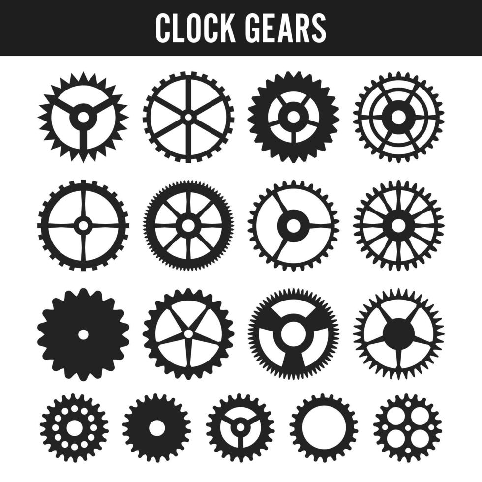 Vector Clock Gears. Black Icons Isolated On White Background. 17370453
