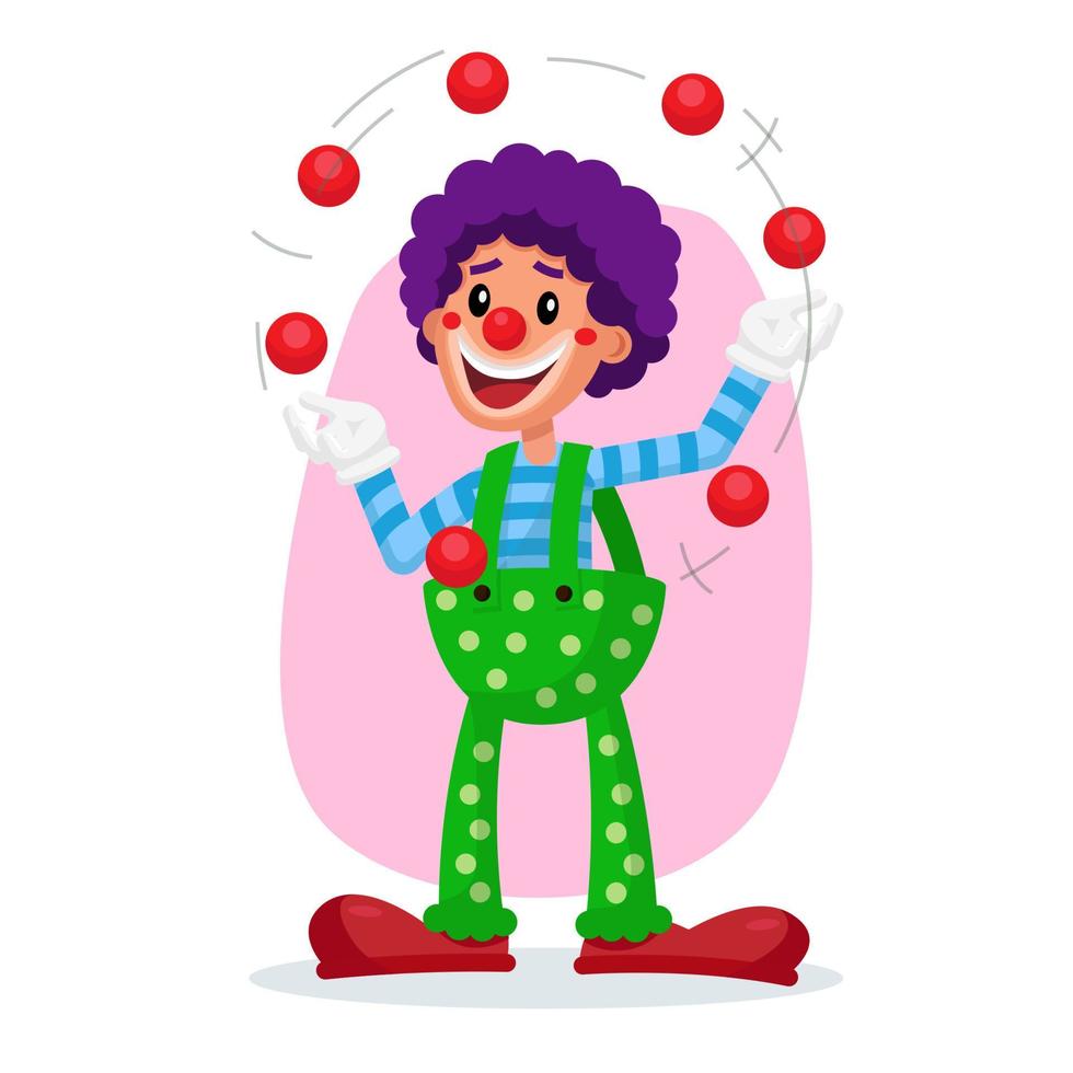 vector de payaso clásico. increíble espectáculo de circo público. hombre haciendo malabares con pelotas. ilustración de dibujos animados plana