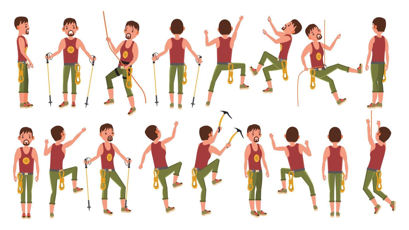Rock Climber Boy Set Vector. Rock Climbing Sport. Sport And Leisure Activity Concept. Isolated On White Cartoon Character Illustration vector