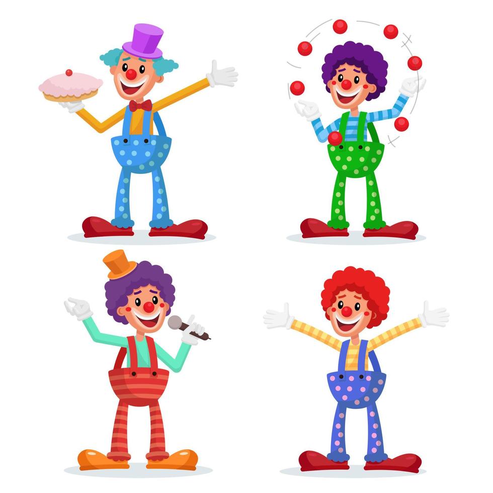 Circus Clowns Set Vector. Performance For Hilarious Laughing People. Amazing Public Circus Show. Man Juggling Balls. Isolated On White Cartoon Character Illustration vector