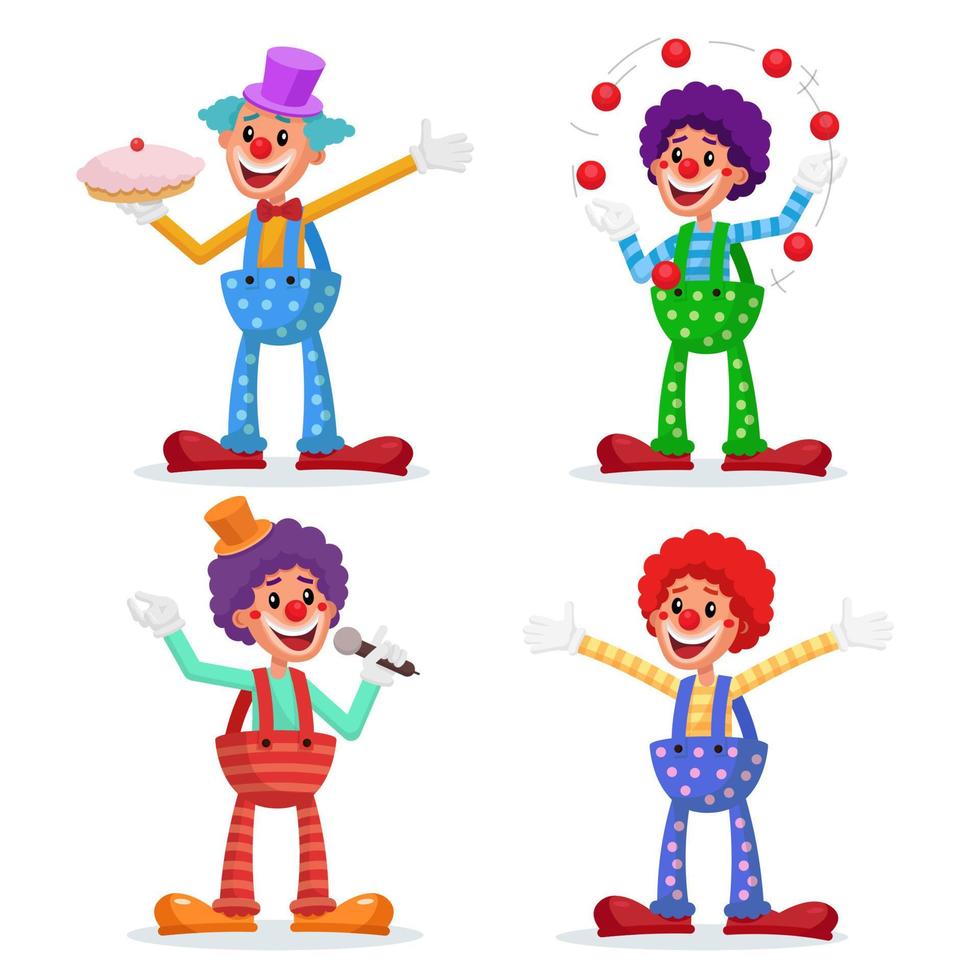 payasos de circo set vector. actuación para gente risueña hilarante. increíble espectáculo de circo público. hombre haciendo malabares con pelotas. aislado en blanco ilustración de personaje de dibujos animados vector