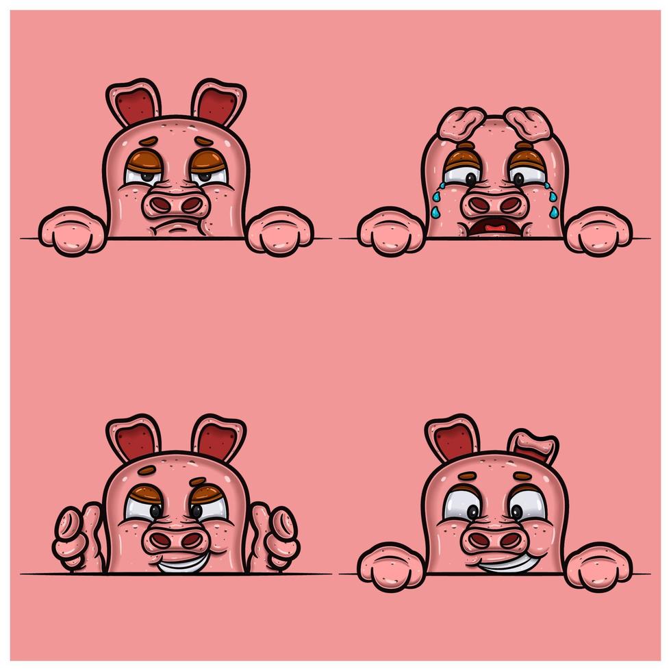 Set of expression pig face cartoon. Bored, crying, smug and happy face expression. With simple gradient. vector
