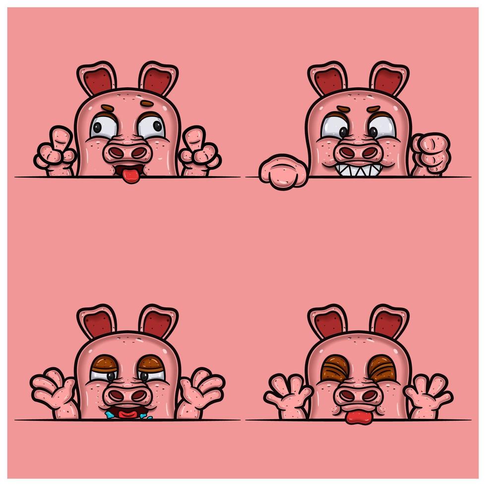 Set of expression pig face cartoon. Crazy, evil, hungry and taunt face expression. With simple gradient. vector