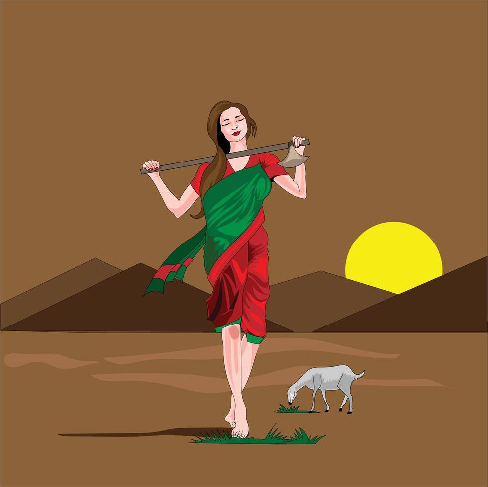 indian villages women with goat vector illustration