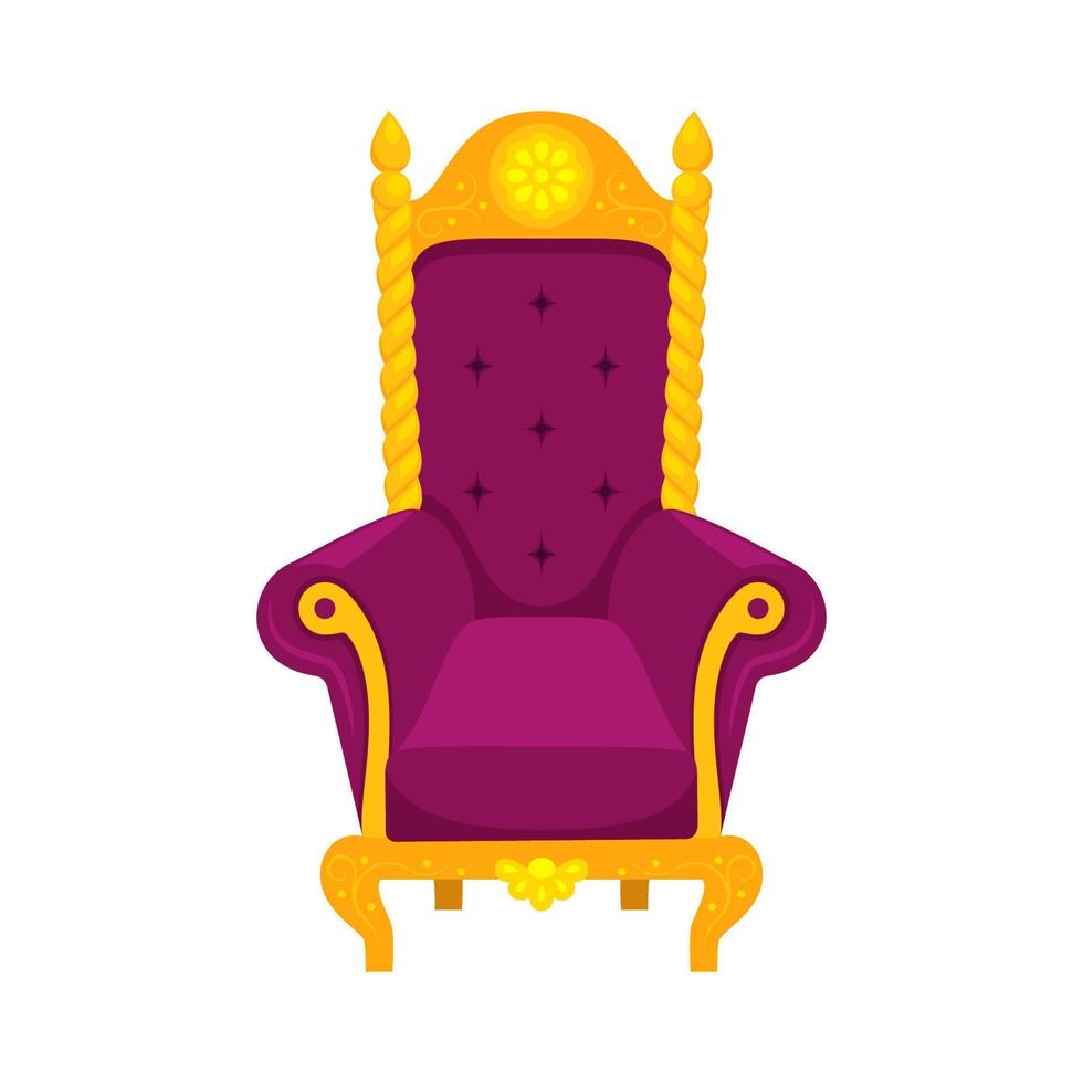 Purple velvet royal armchair or throne. Bright luxurious gilded throne chair for queen or king isolated on white background. Antique and medieval furniture concept. Flat vector illustration