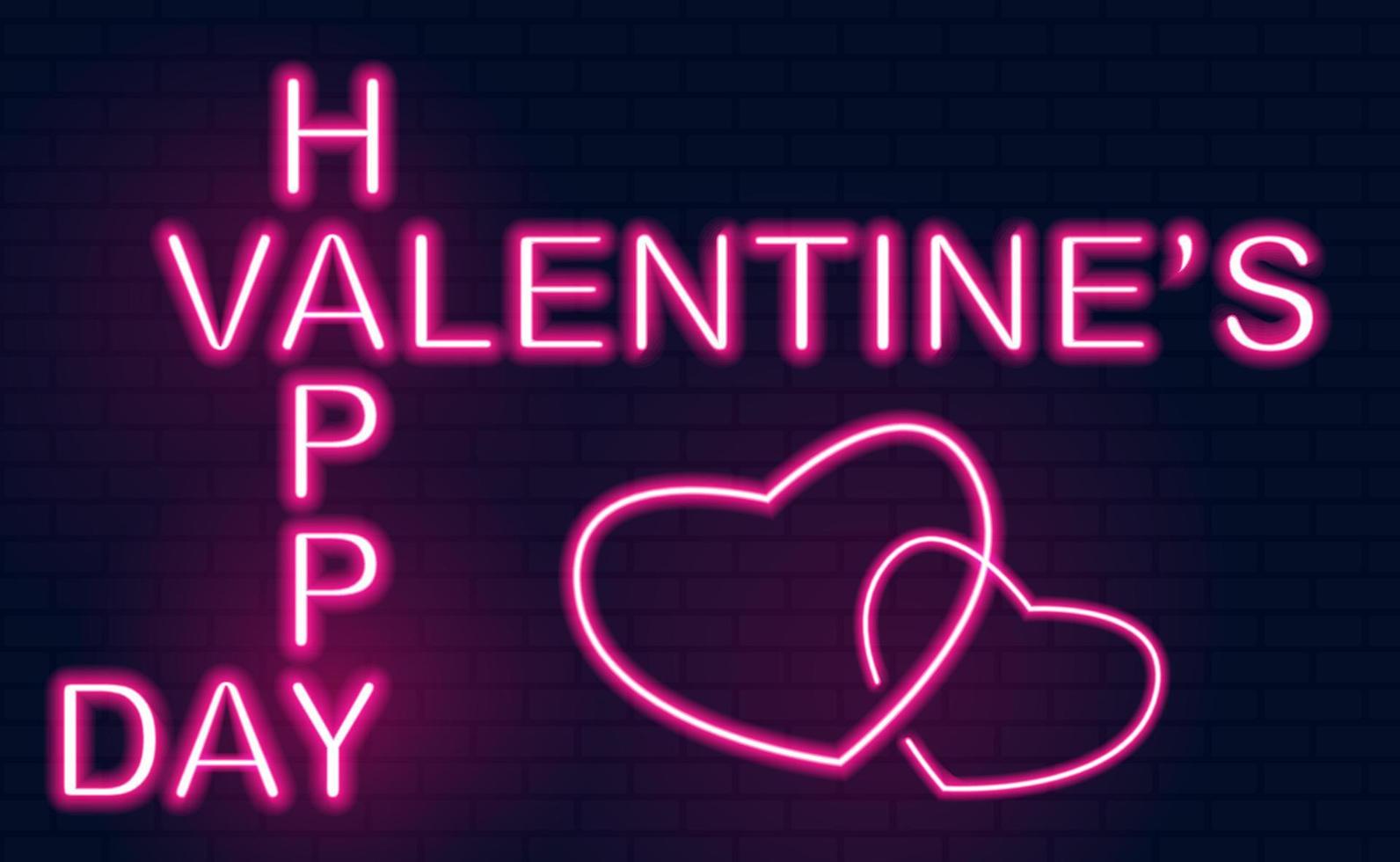 Neon lettering Happy Valentines Day with two hearts in glowing electric style. Street sign on dark brick wall background. Neon sign, bright signboard, light banner. Valentine's card with neon letters vector