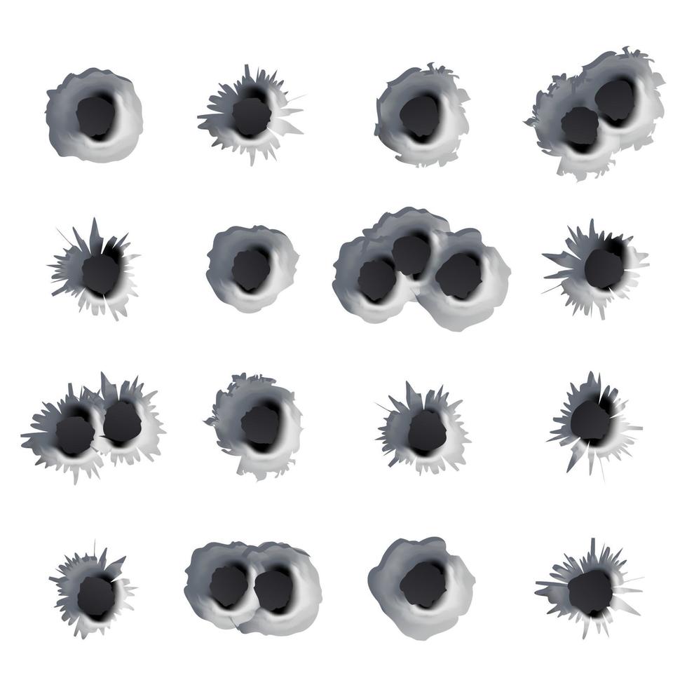 Bullet Holes Set Vector. Realistic Caliber Weapon Bullet Holes Punched Through Metal Isolated On White Background. Crime Concept. Effect Damage Illustration vector