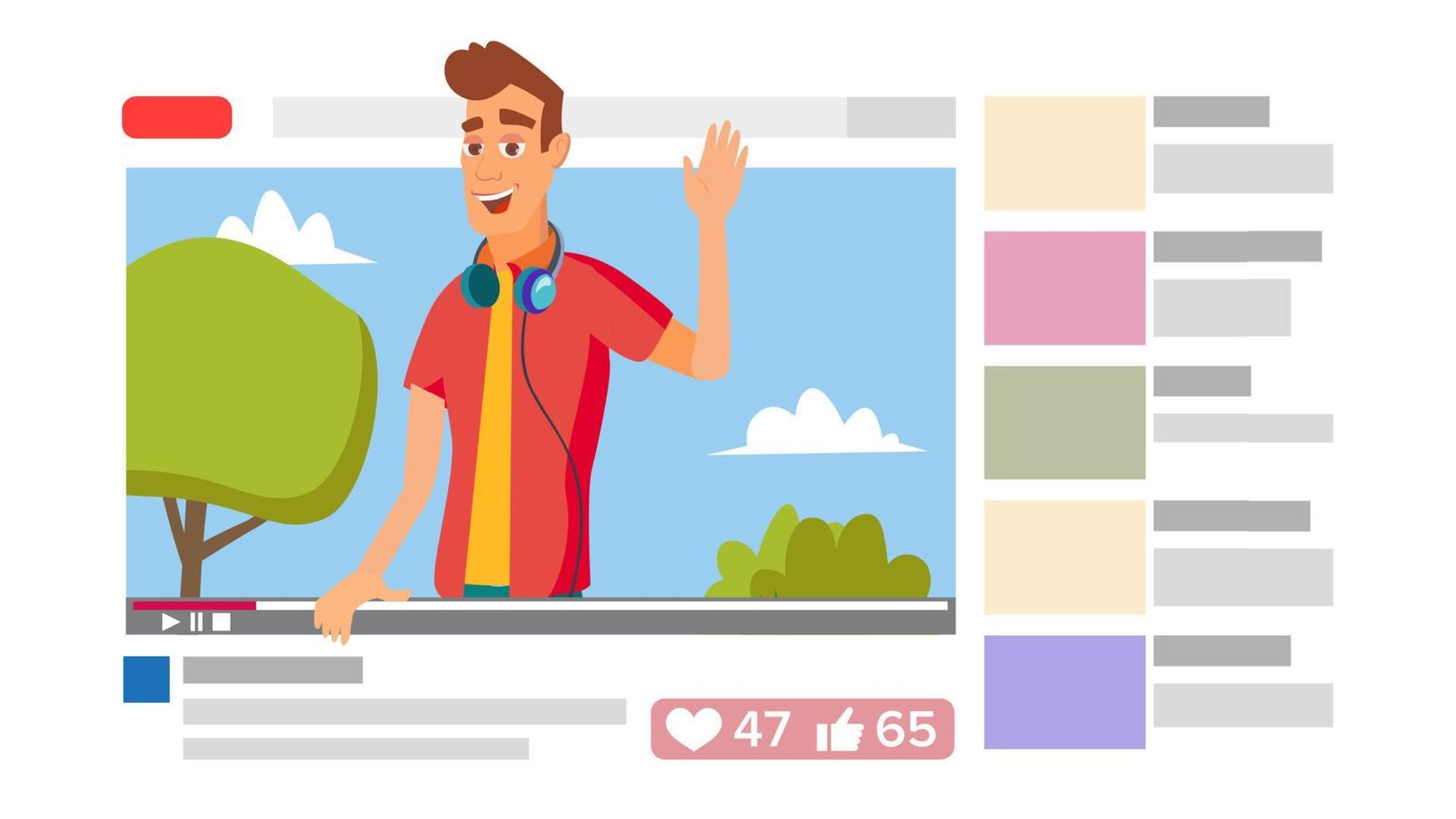 Boy Leading Online Stream Channel. Online Internet Streaming Video Concept. Cartoon Flat Illustration vector