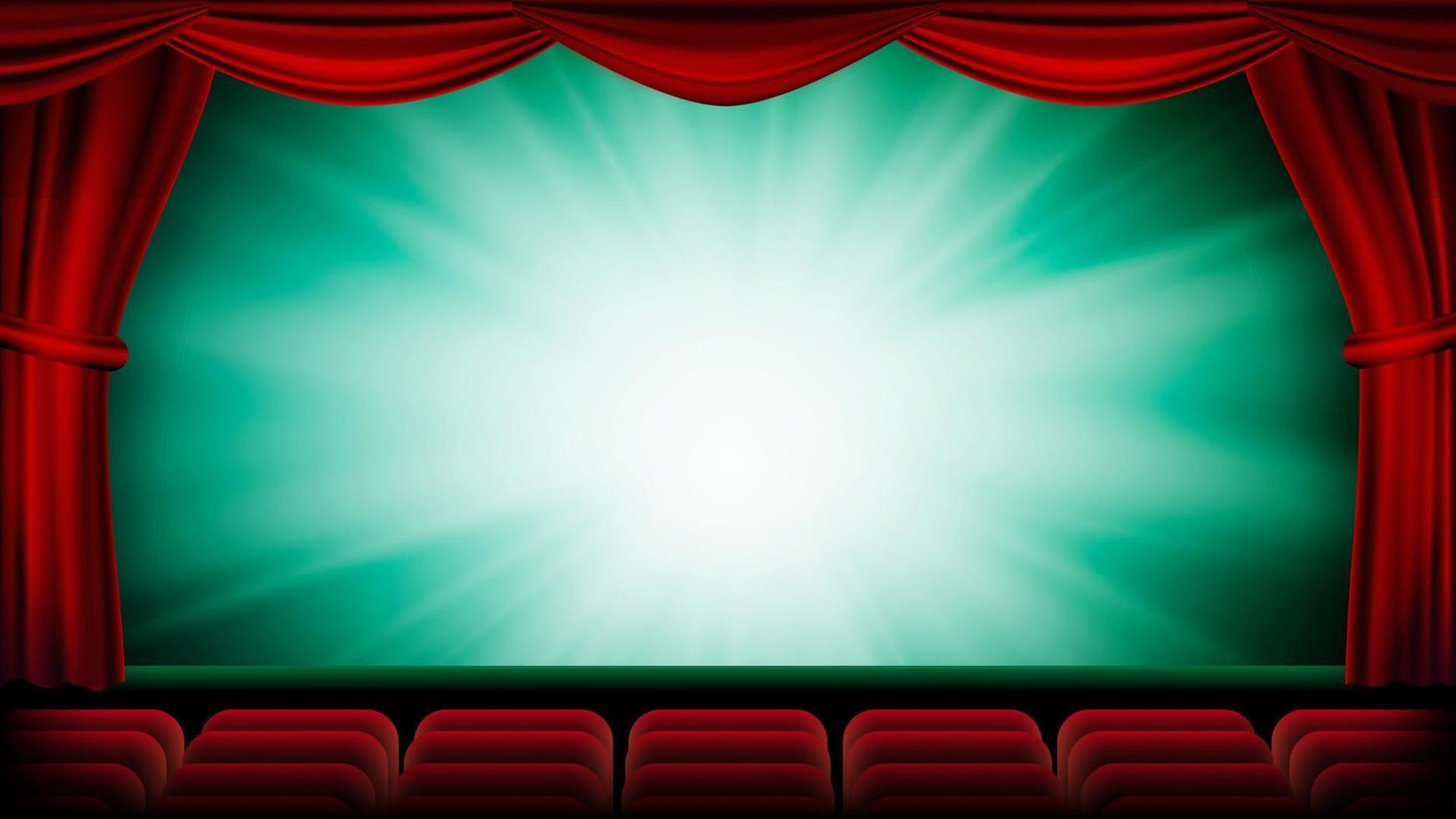 vector de cortina de teatro. escena de teatro, ópera o cine. fondo verde banner, cartel, plantilla de diseño de carteles. ilustración realista