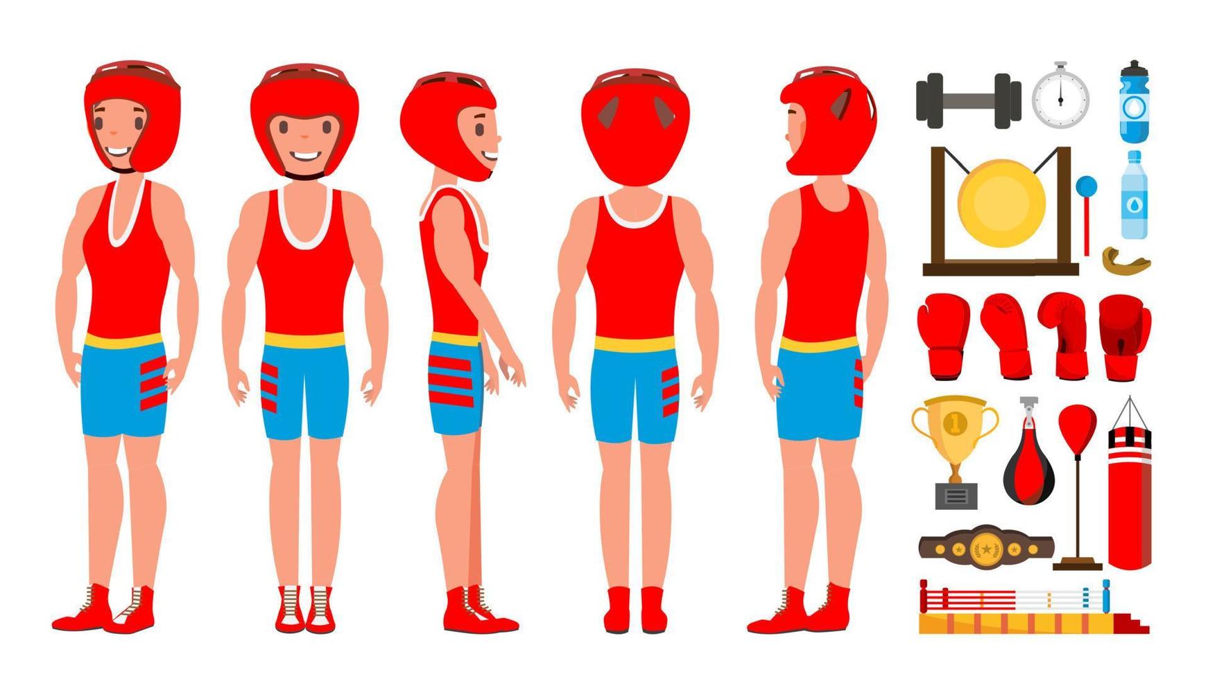 Professional Boxer Boxing Vector. Boxer Champion On Arena. Different Poses. Isolated Flat Cartoon Character Illustration vector
