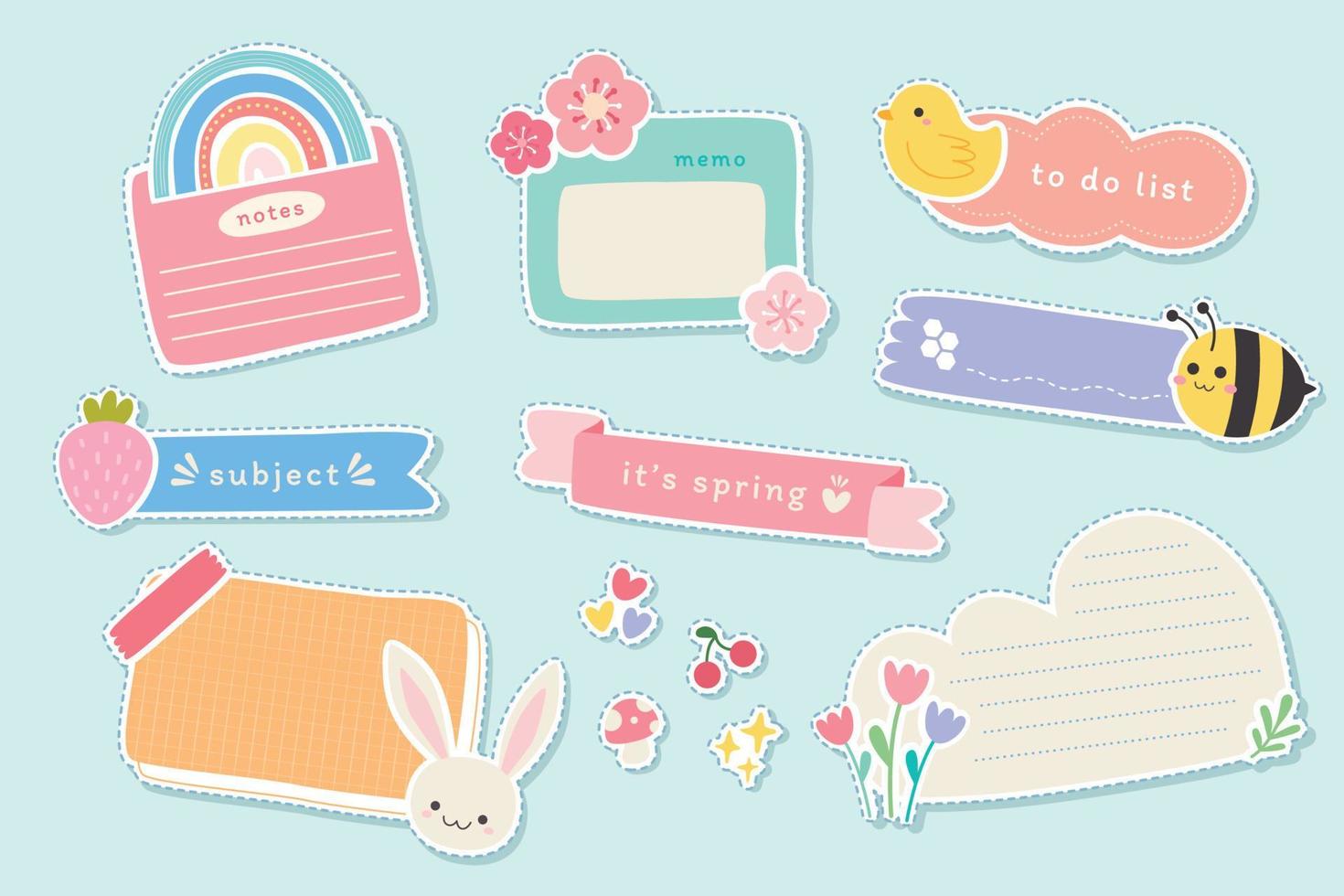 Spring Nature Flowers, Rainbow, Bunny, Bee, Duck, and Strawberry Kawaii Label Stickers vector