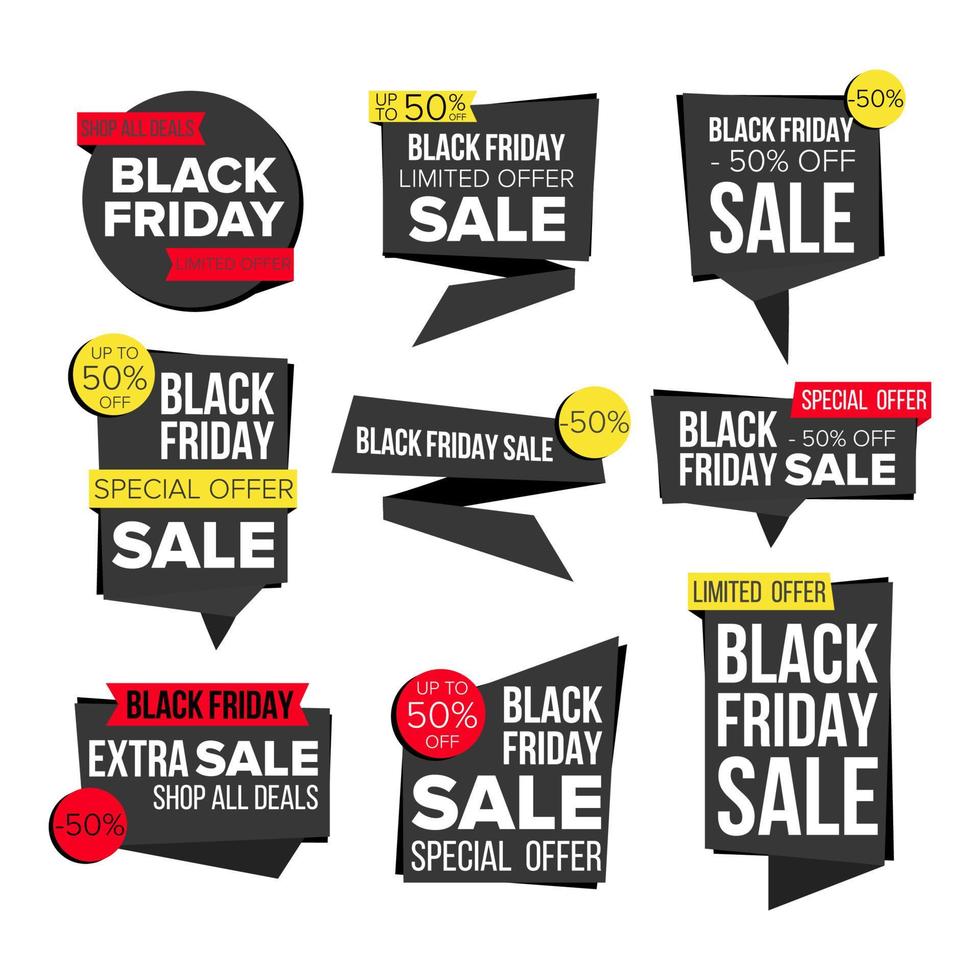 Black Friday Sale Banner Set Vector. Website Stickers, Black Web Page Design. Up To 50 Percent Off Friday Badges. Isolated Illustration vector