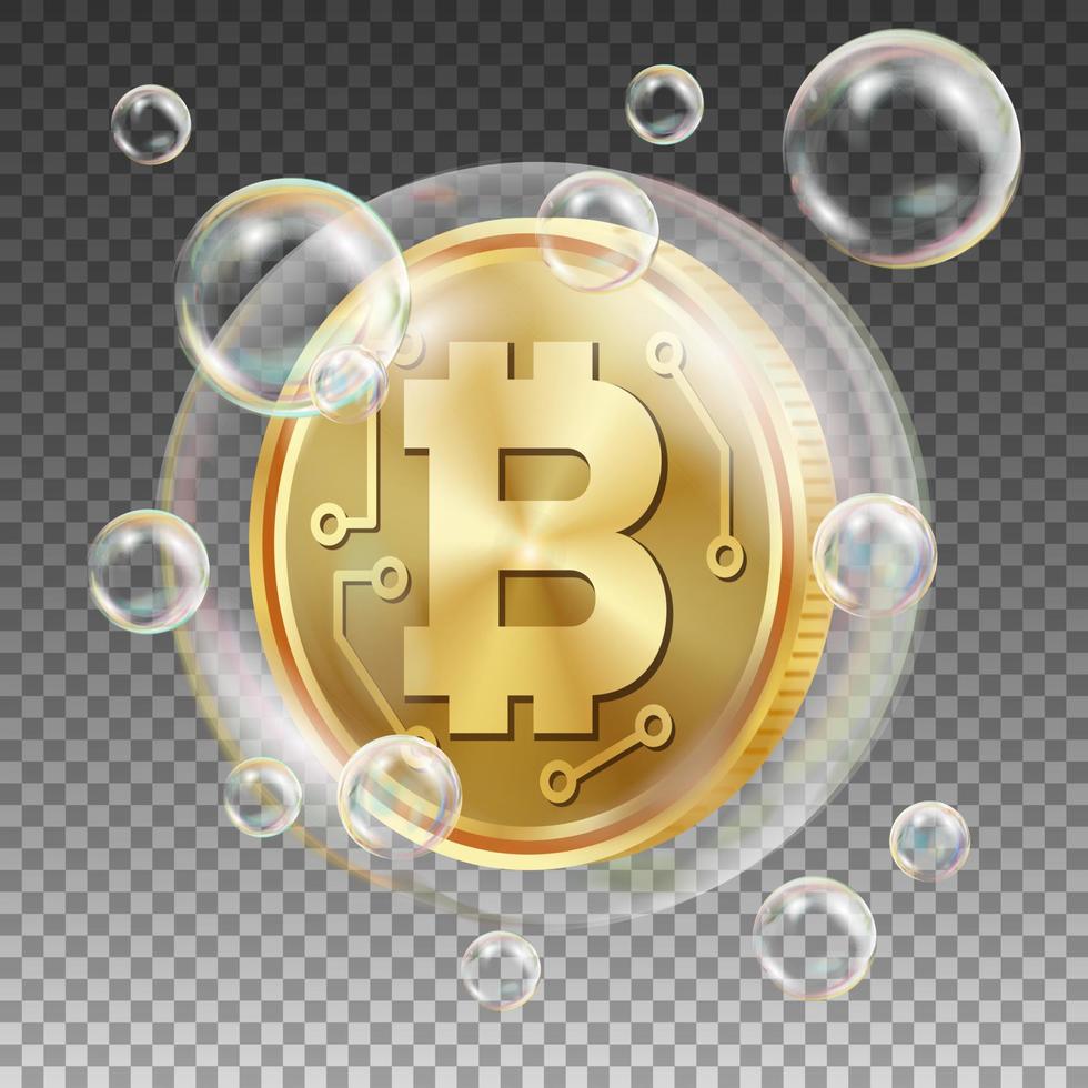 bitcoin en vector de burbujas de jabón. riesgo de inversión. el valor de mercado del precio baja. comercio de cambio de crecimiento negativo. dinero digital ilustración aislada realista