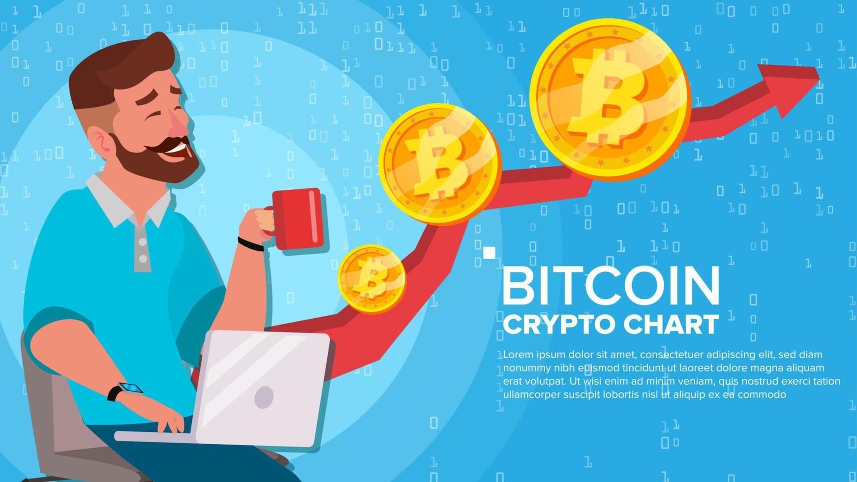 Bitcoin Up Trend, Growth Concept Vector. Trade Chart. Virtual Money Happy Man Investor. Crypto Currency Market Concept. Flat Cartoon Illustration vector