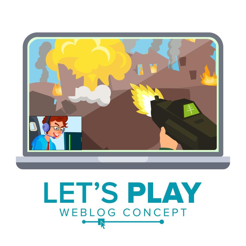 Let s Play Blogger Review Concept Vetor. Videoblogger On A Screen. Popular Young Video Streamer Blogger Boy. Gaming Blog. Live Broadcast. Online Channel. Isolated Flat Cartoon Illustration vector