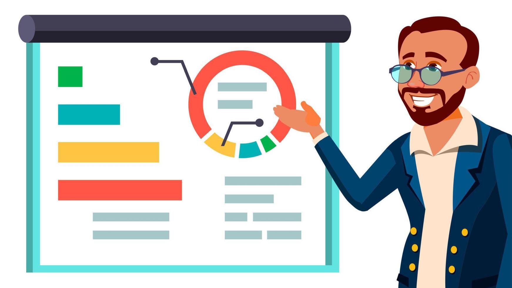 Broker Male Vector. Successful Stock-market Broker. Dynamics Of Financial Growth. Graphs, Indexes. Confident. Standing. Stock Exchange. Flat Cartoon Illustration vector