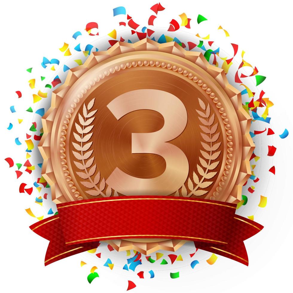 Bronze Medal Vector. Falling Confetti Explosion. Red Ribbon. Isolated On White Background. Realistic Illustration. vector