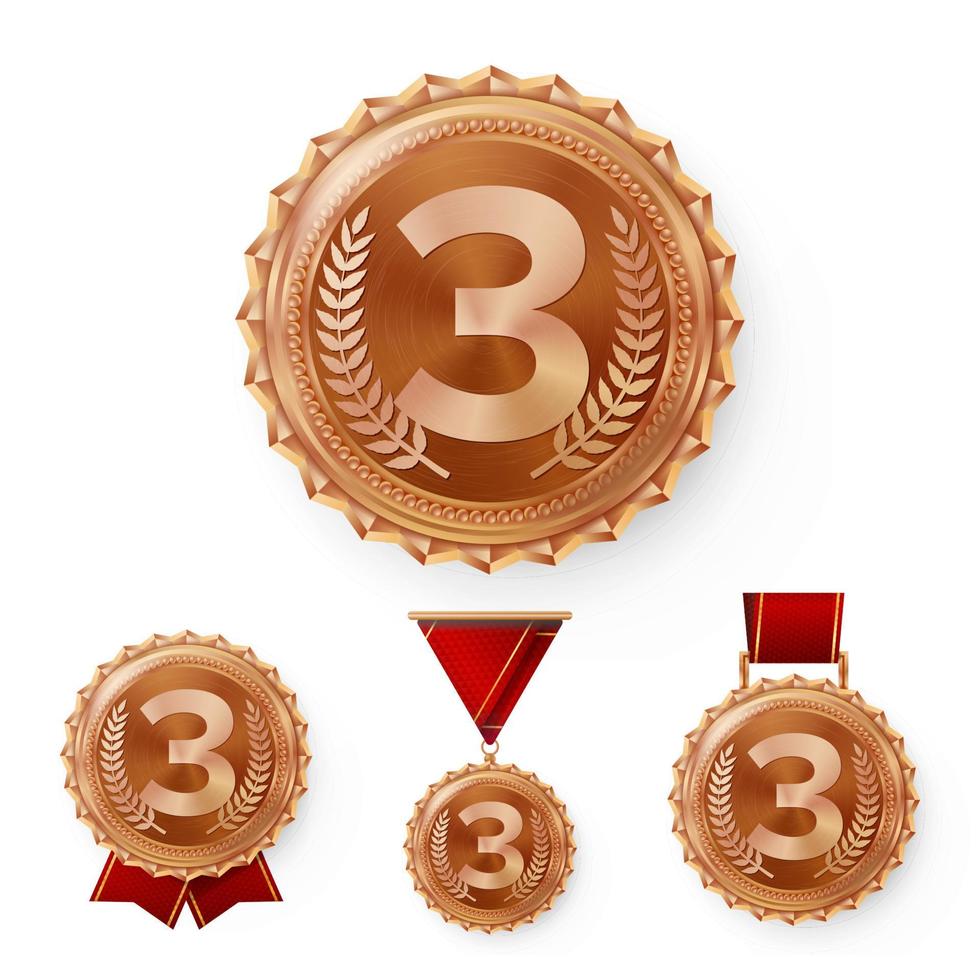 Champion Bronze Medals Set Vector. Metal Realistic 3rd Placement Winner Achievement. Number Three. Round Medal With Red Ribbon. vector