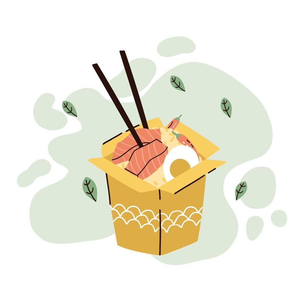 sacar arroz con trocitos de salmón y huevo. ilustración vectorial dibujada a mano en estilo plano vector