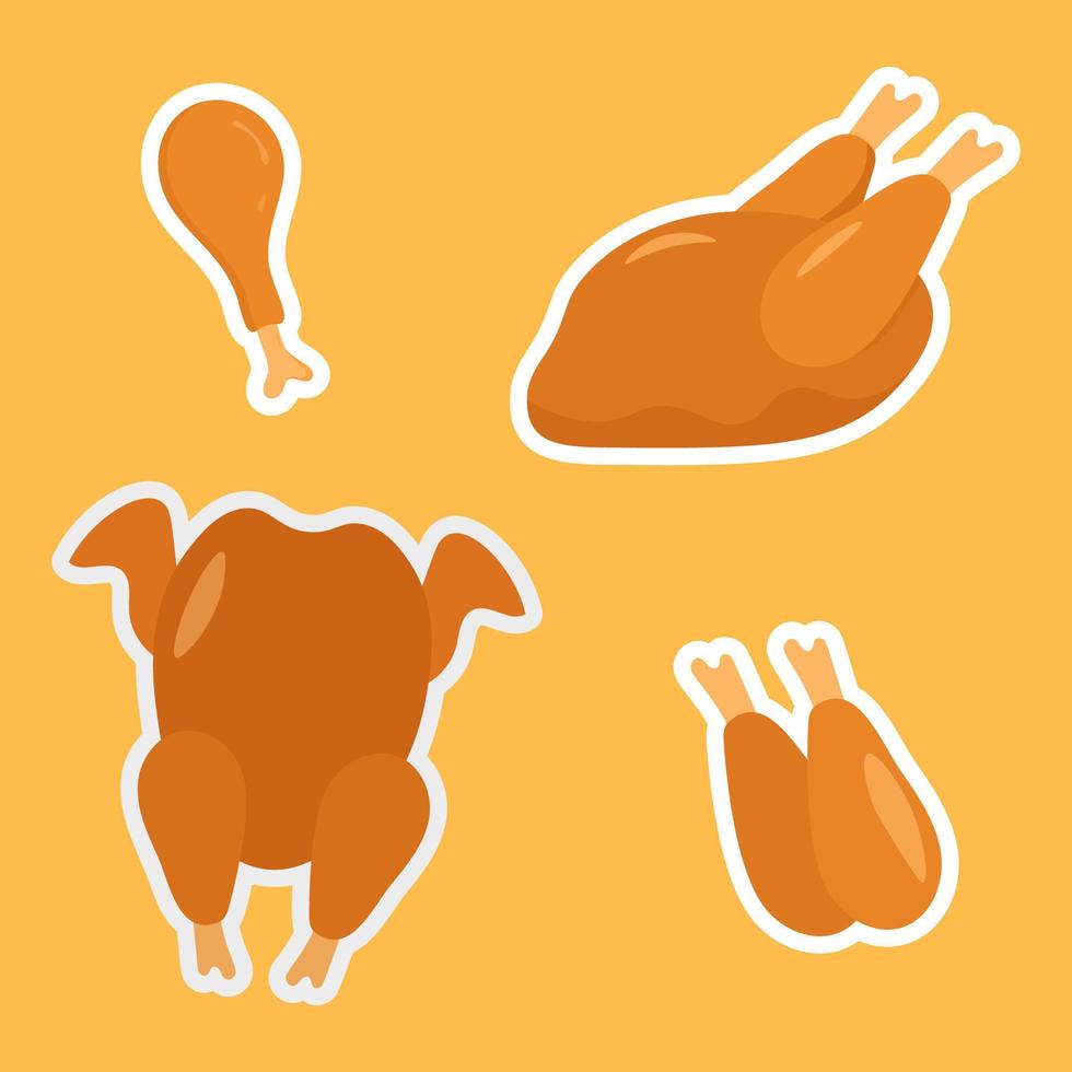 Turkey or chicken icon. Food ingredients.A set of pieces of fresh domestic poultry meat. A template for packaging meat products, stickers, or a flyer.Thanksgiving Day. vector