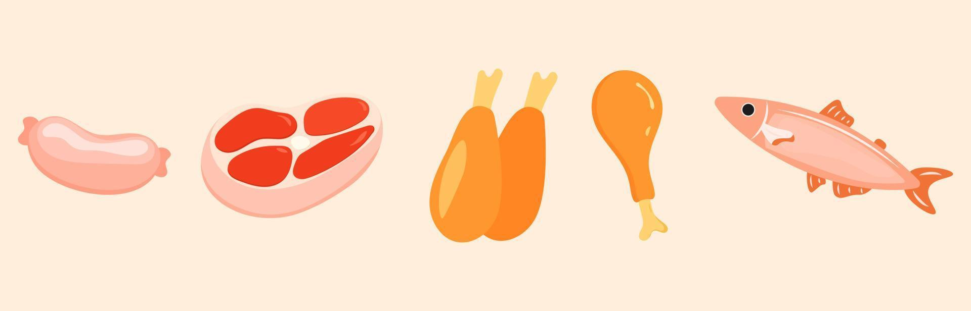 Set assorted food. Ingredients for cooking. Fish, meat, turkey, chicken, sausage. Cute flat style. vector