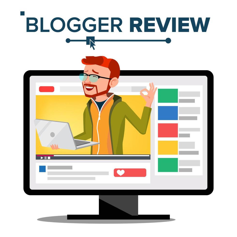 Blogger Review Concept Vector. Video Blog Channel. Man Popular Video Streamer Blogger. Recording. Online Live Broadcast. Testing Functional With New Laptop. Cartoon Illustration vector